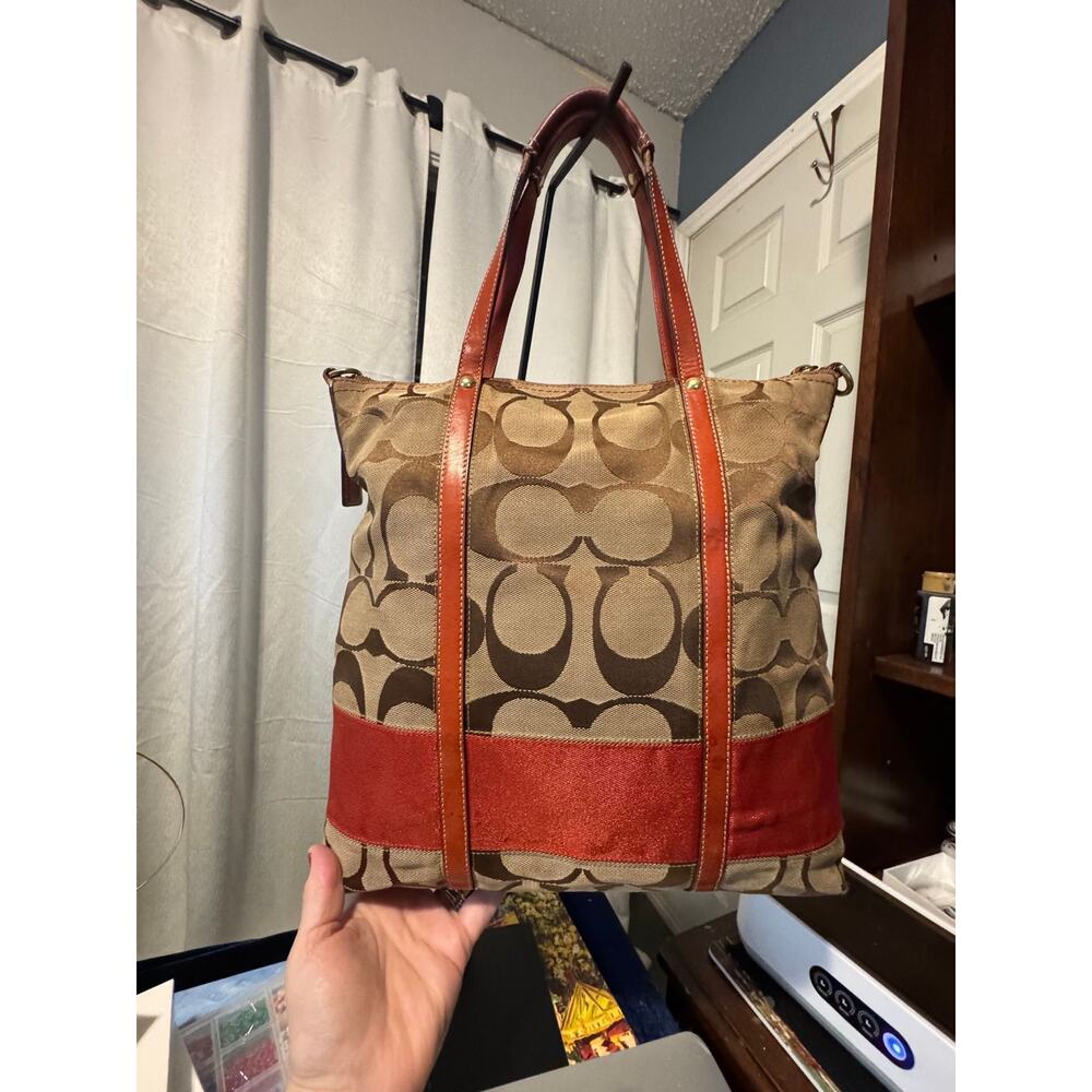 Vintage Coach Signature Tote Burnt Orange Stripe Brown Monogram Y2K Zip Bag 🤘🧡